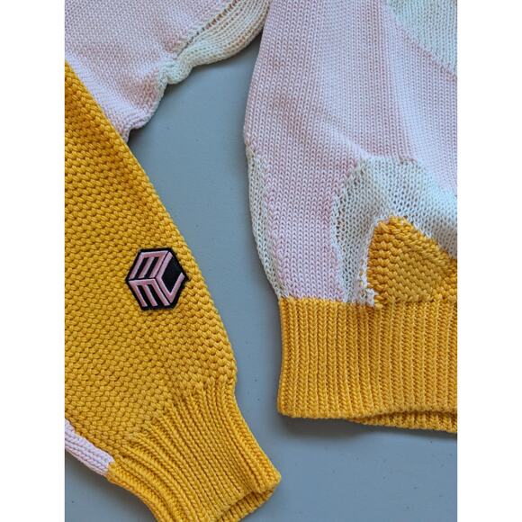 MCM See Through Inserts Color block Cotton Crop Cardigan Size S Yellow #1M455 - Picture 6 of 14